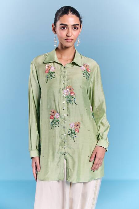 Shop_Kalista_Green Silk, Viscose Embroidery Collared Era Draped Pant Set _Online_at_Aza_Fashions