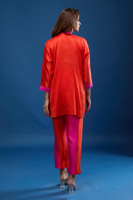 Shop Archana Shah Pink Embroidery Collared Short Kaftan With Striped Pant at Aza Fashions Shop_Archana Shah_Pink Embroidery Collared Short Kaftan With Striped Pant _at_Aza_Fashions