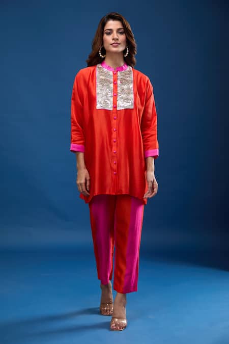 Shop Archana Shah Pink Embroidery Collared Short Kaftan With Striped Pant Online at Aza Fashions Shop_Archana Shah_Pink Embroidery Collared Short Kaftan With Striped Pant _Online_at_Aza_Fashions
