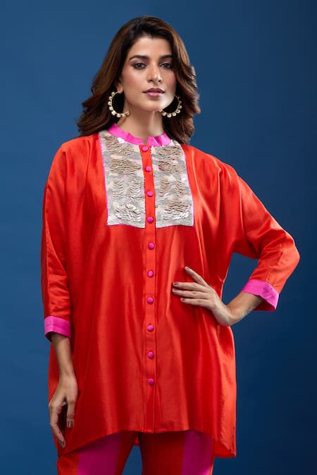Archana Shah Pink Embroidery Collared Short Kaftan With Striped Pant at Aza Fashions Archana Shah_Pink Embroidery Collared Short Kaftan With Striped Pant _at_Aza_Fashions