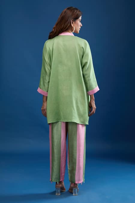 Shop Archana Shah Green Embroidery Collared Short Kaftan With Striped Pant at Aza Fashions Shop_Archana Shah_Green Embroidery Collared Short Kaftan With Striped Pant _at_Aza_Fashions