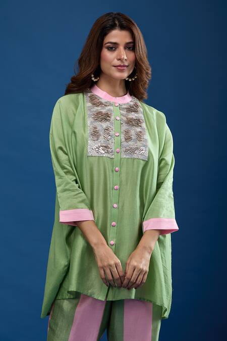 Buy Archana Shah Green Embroidery Collared Short Kaftan With Striped Pant Online at Aza Fashions Buy_Archana Shah_Green Embroidery Collared Short Kaftan With Striped Pant _Online_at_Aza_Fashions