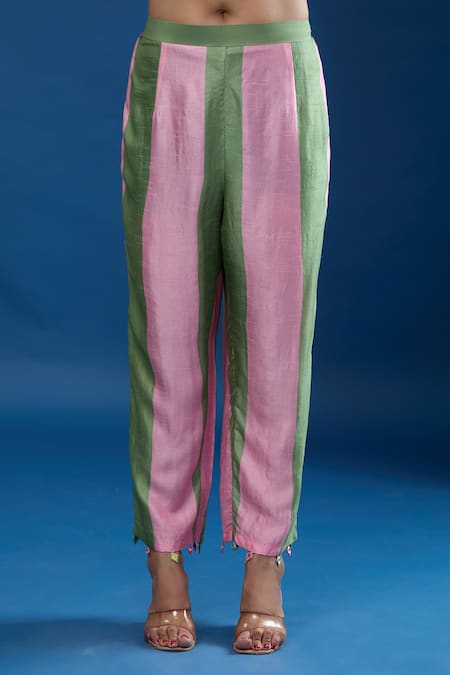 Shop Archana Shah Green Embroidery Collared Short Kaftan With Striped Pant Online at Aza Fashions Shop_Archana Shah_Green Embroidery Collared Short Kaftan With Striped Pant _Online_at_Aza_Fashions