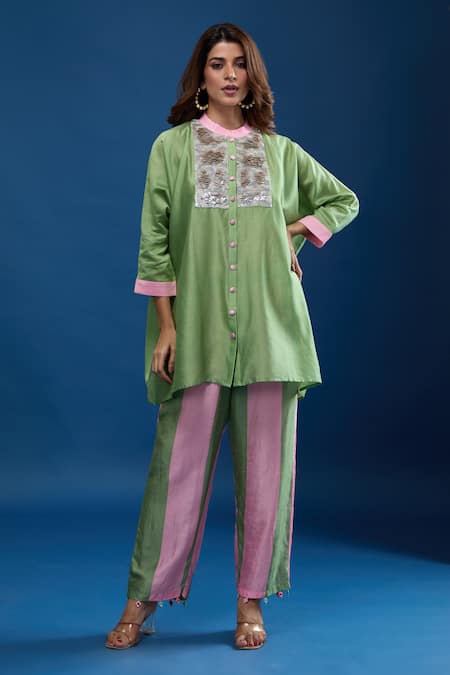 Archana Shah Green Embroidery Collared Short Kaftan With Striped Pant at Aza Fashions Archana Shah_Green Embroidery Collared Short Kaftan With Striped Pant _at_Aza_Fashions
