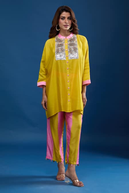 Archana Shah Yellow Embroidery Round Neck Short Kaftan With Striped Pant Online at Aza Fashions Archana Shah_Yellow Embroidery Round Neck Short Kaftan With Striped Pant _Online_at_Aza_Fashions