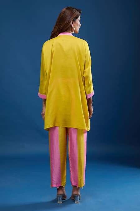 Shop Archana Shah Yellow Embroidery Round Neck Short Kaftan With Striped Pant at Aza Fashions Shop_Archana Shah_Yellow Embroidery Round Neck Short Kaftan With Striped Pant _at_Aza_Fashions