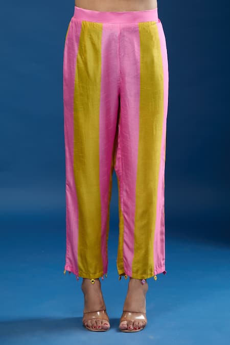 Buy Archana Shah Yellow Embroidery Round Neck Short Kaftan With Striped Pant Online at Aza Fashions Buy_Archana Shah_Yellow Embroidery Round Neck Short Kaftan With Striped Pant _Online_at_Aza_Fashions