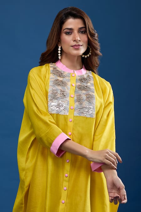 Archana Shah Yellow Embroidery Round Neck Short Kaftan With Striped Pant at Aza Fashions Archana Shah_Yellow Embroidery Round Neck Short Kaftan With Striped Pant _at_Aza_Fashions