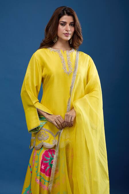 Archana Shah Yellow Embroidery Round Neck Short Kurta Suzani Sharara Set Online at Aza Fashions Archana Shah_Yellow Embroidery Round Neck Short Kurta Suzani Sharara Set_Online_at_Aza_Fashions