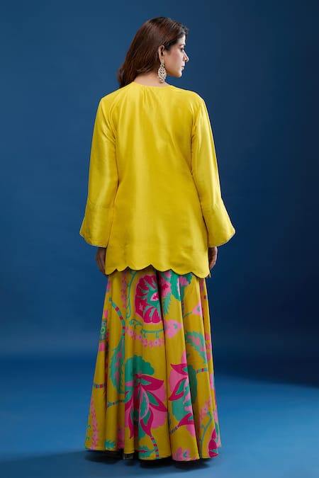 Shop Archana Shah Yellow Embroidery Round Neck Short Kurta Suzani Sharara Set at Aza Fashions Shop_Archana Shah_Yellow Embroidery Round Neck Short Kurta Suzani Sharara Set_at_Aza_Fashions