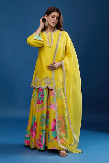 Archana Shah Yellow Embroidery Round Neck Short Kurta Suzani Sharara Set 
