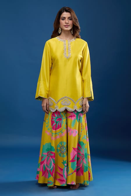 Buy Archana Shah Yellow Embroidery Round Neck Short Kurta Suzani Sharara Set Online at Aza Fashions Buy_Archana Shah_Yellow Embroidery Round Neck Short Kurta Suzani Sharara Set_Online_at_Aza_Fashions