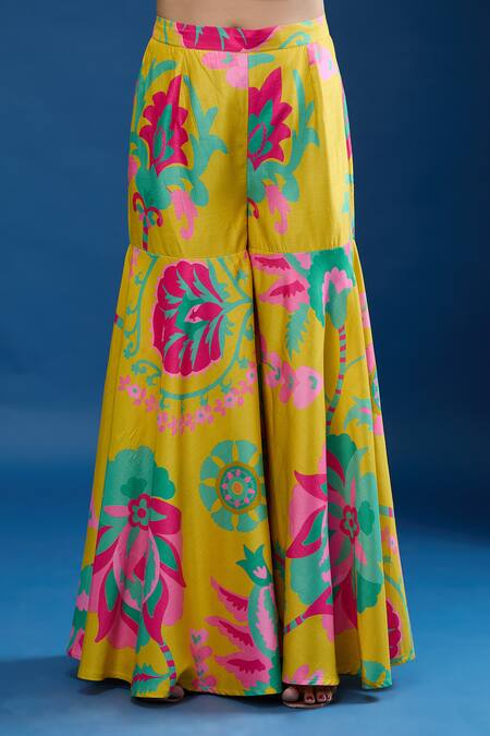 Shop Archana Shah Yellow Embroidery Round Neck Short Kurta Suzani Sharara Set Online at Aza Fashions Shop_Archana Shah_Yellow Embroidery Round Neck Short Kurta Suzani Sharara Set_Online_at_Aza_Fashions