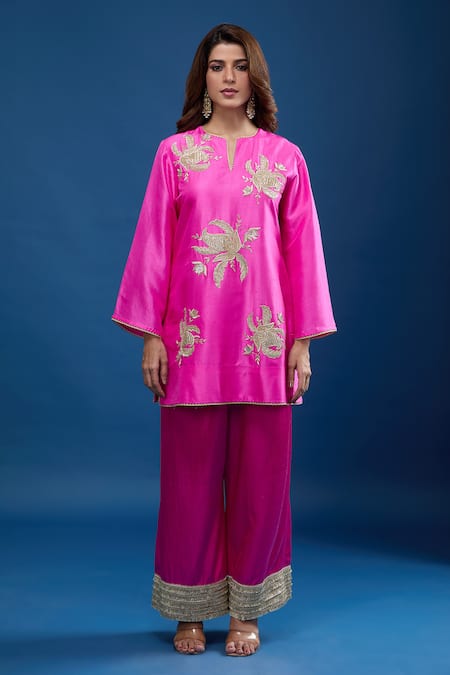 Archana Shah Pink Silk Embroidery, Zari Round Neck Short Kurta Palazzo Set Online at Aza Fashions Archana Shah_Pink Silk Embroidery, Zari Round Neck Short Kurta Palazzo Set _Online_at_Aza_Fashions