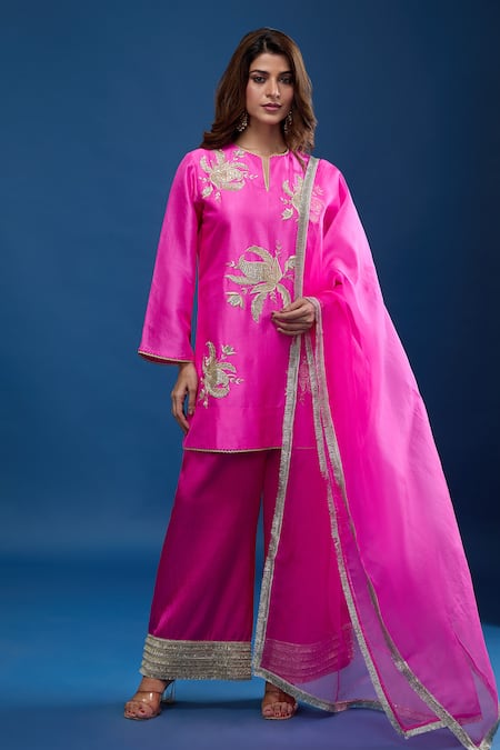 Buy Archana Shah Pink Silk Embroidery, Zari Round Neck Short Kurta Palazzo Set Online at Aza Fashions Buy_Archana Shah_Pink Silk Embroidery, Zari Round Neck Short Kurta Palazzo Set _Online_at_Aza_Fashions