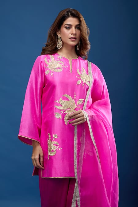 Archana Shah Pink Silk Embroidery, Zari Round Neck Short Kurta Palazzo Set at Aza Fashions Archana Shah_Pink Silk Embroidery, Zari Round Neck Short Kurta Palazzo Set _at_Aza_Fashions