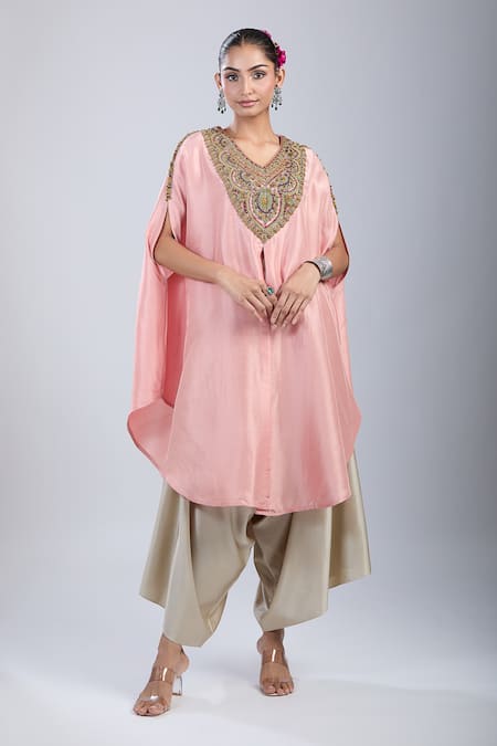 Prisho Pink Silk, Polyester Embroidery Round Neck Thread Kaftan Set 