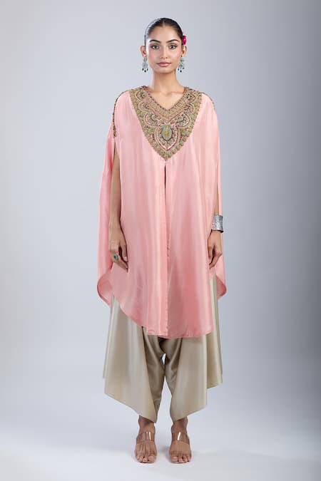 Buy_Prisho_Pink Silk, Polyester Embroidery Round Neck Thread Kaftan Set _Online_at_Aza_Fashions