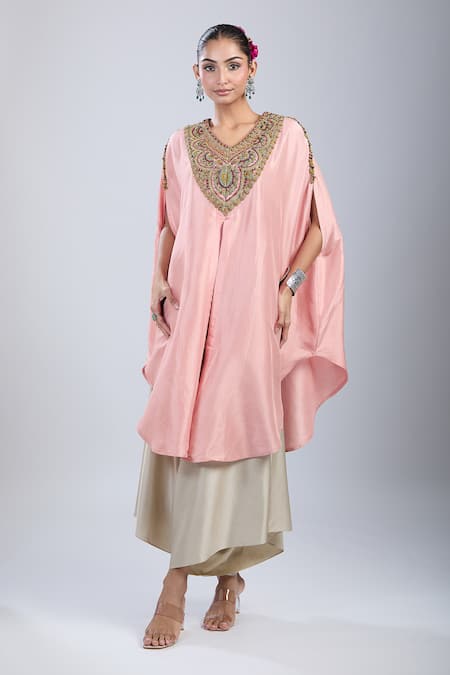 Shop_Prisho_Pink Silk, Polyester Embroidery Round Neck Thread Kaftan Set _Online_at_Aza_Fashions