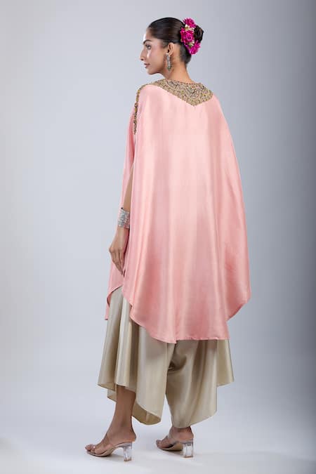 Prisho_Pink Silk, Polyester Embroidery Round Neck Thread Kaftan Set _Online_at_Aza_Fashions