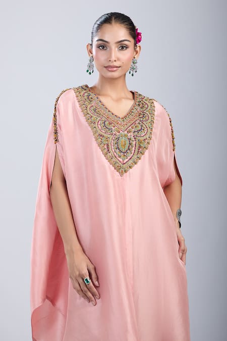 Buy_Prisho_Pink Silk, Polyester Embroidery Round Neck Thread Kaftan Set 