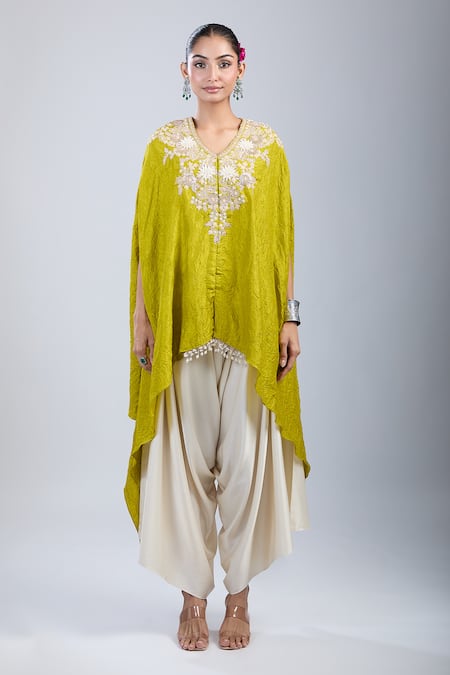 Shop_Prisho_Green Embroidery Round Neck 3d Flower Kaftan And Pant Set _Online_at_Aza_Fashions
