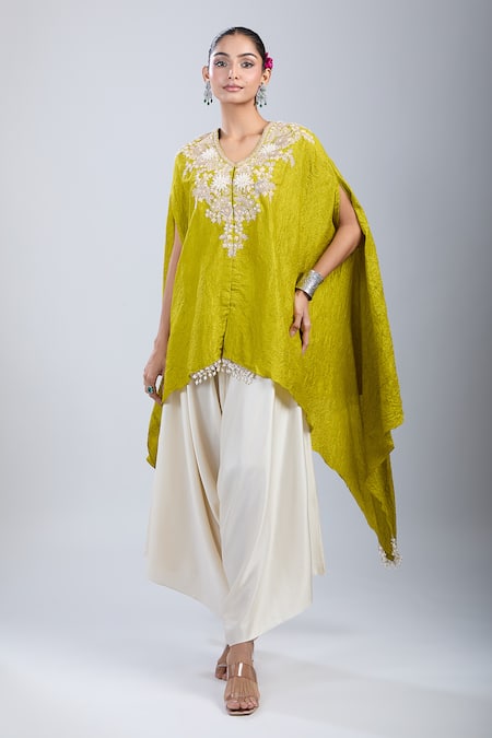 Prisho Green Embroidery Round Neck 3d Flower Kaftan And Pant Set