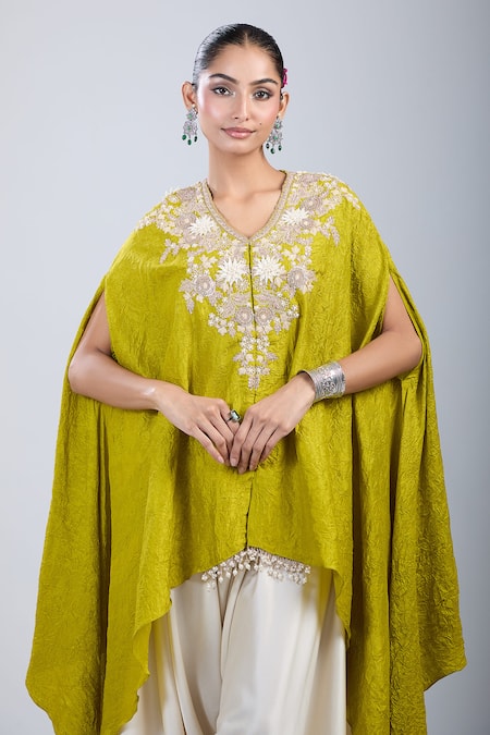 Prisho_Green Embroidery Round Neck 3d Flower Kaftan And Pant Set _at_Aza_Fashions