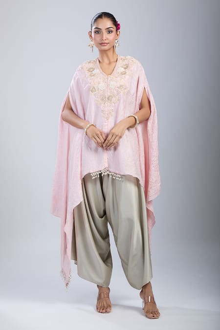 Prisho Pink Cotton Tassels Round Neck 3d Floral Embroidered Kaftan And Pant Set 