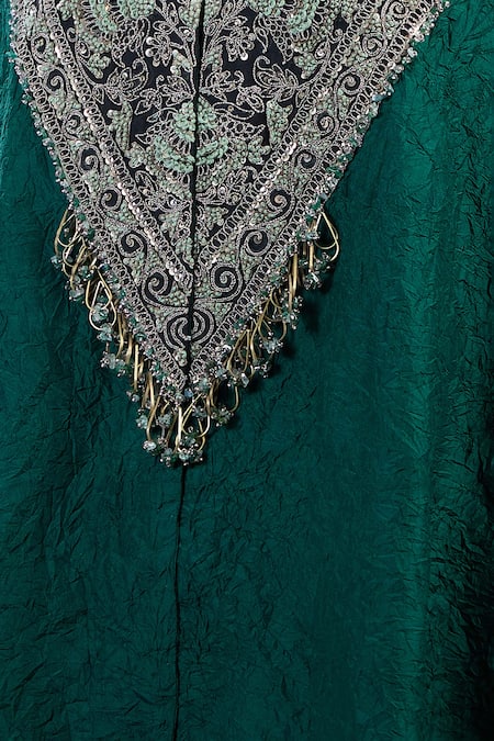 Shop_Prisho_Green Cotton Embroidery V-neck V Kaftan And Pant Set _Online_at_Aza_Fashions