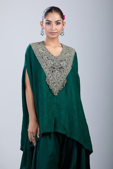Buy_Prisho_Green Cotton Embroidery V-neck V Kaftan And Pant Set 