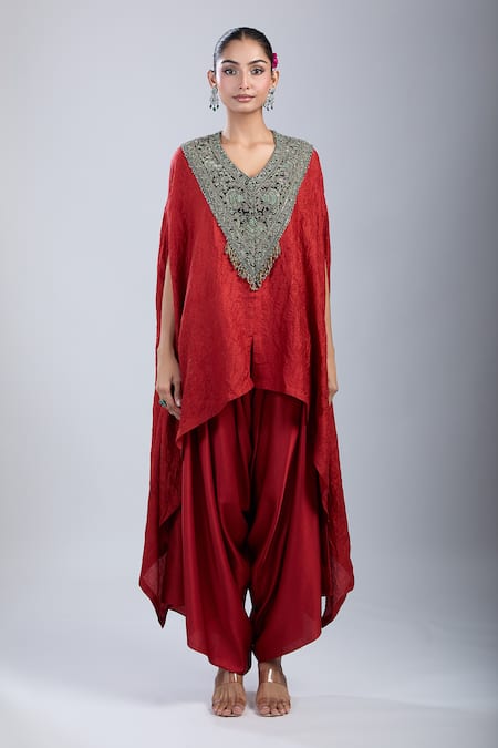Buy Prisho Red Embroidery V-neck Thread Kaftan And Pant Set Online at Aza Fashions Buy_Prisho_Red Embroidery V-neck Thread Kaftan And Pant Set _Online_at_Aza_Fashions