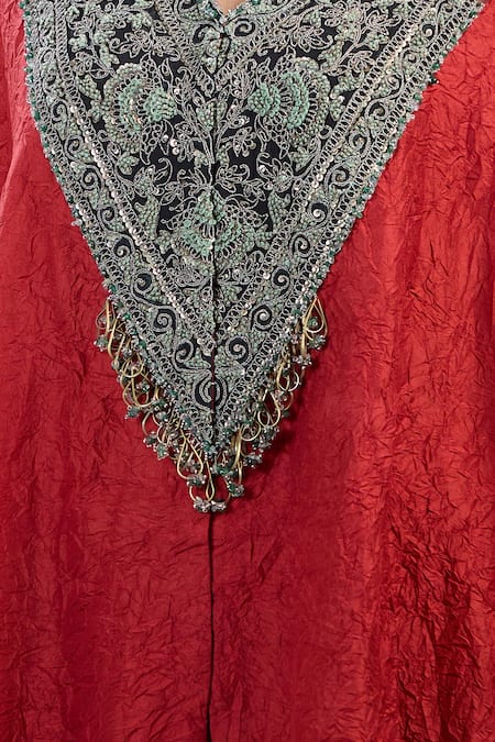 Prisho Red Embroidery V-neck Thread Kaftan And Pant Set at Aza Fashions Prisho_Red Embroidery V-neck Thread Kaftan And Pant Set _at_Aza_Fashions