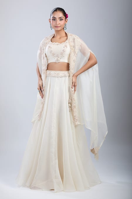 Prisho White Pearls, Embroidery Round , Open Resham Skirt Set 