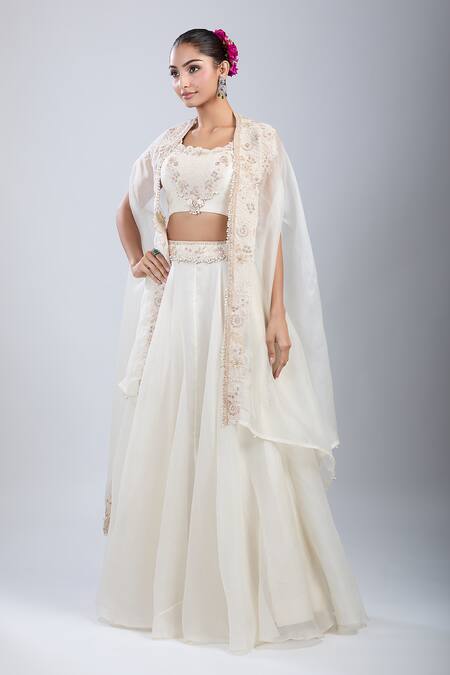 Shop_Prisho_White Pearls, Embroidery Round , Open Resham Skirt Set _Online_at_Aza_Fashions
