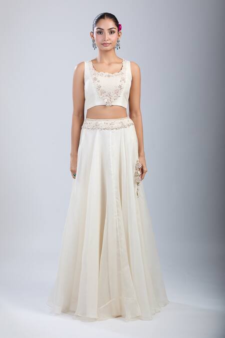 Prisho_White Pearls, Embroidery Round , Open Resham Skirt Set _at_Aza_Fashions