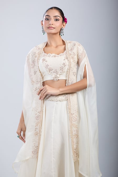 Shop_Prisho_White Pearls, Embroidery Round , Open Resham Skirt Set 
