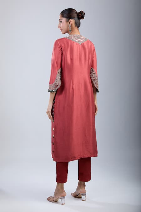 Prisho_Orange Satin, Chiffon Sequins, Embroidery Round Neck Kurta Set _Online_at_Aza_Fashions