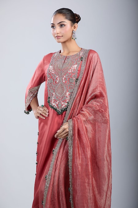 Shop_Prisho_Orange Satin, Chiffon Sequins, Embroidery Round Neck Kurta Set _Online_at_Aza_Fashions
