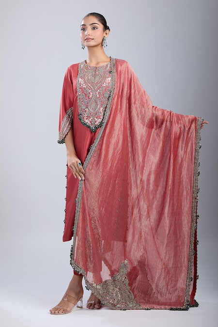 Prisho_Orange Satin, Chiffon Sequins, Embroidery Round Neck Kurta Set _at_Aza_Fashions