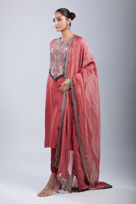 Buy_Prisho_Orange Satin, Chiffon Sequins, Embroidery Round Neck Kurta Set 