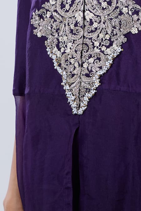Buy_Prisho_Purple Chiffon Embroidery Round Neck Resham Kaftan Set _Online_at_Aza_Fashions