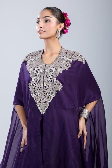 Prisho_Purple Chiffon Embroidery Round Neck Resham Kaftan Set _at_Aza_Fashions
