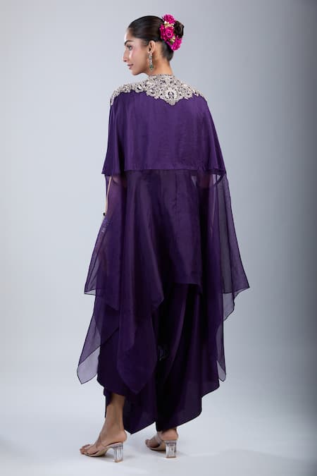 Prisho_Purple Chiffon Embroidery Round Neck Resham Kaftan Set _Online_at_Aza_Fashions