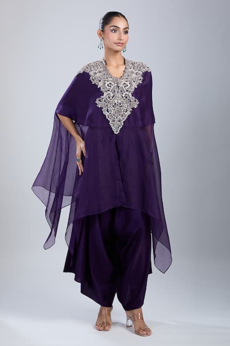 Buy_Prisho_Purple Chiffon Embroidery Round Neck Resham Kaftan Set 