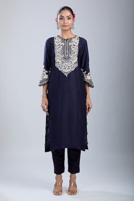 Shop_Prisho_Navy Chiffon Embroidery Round Neck Kurta Set _Online_at_Aza_Fashions