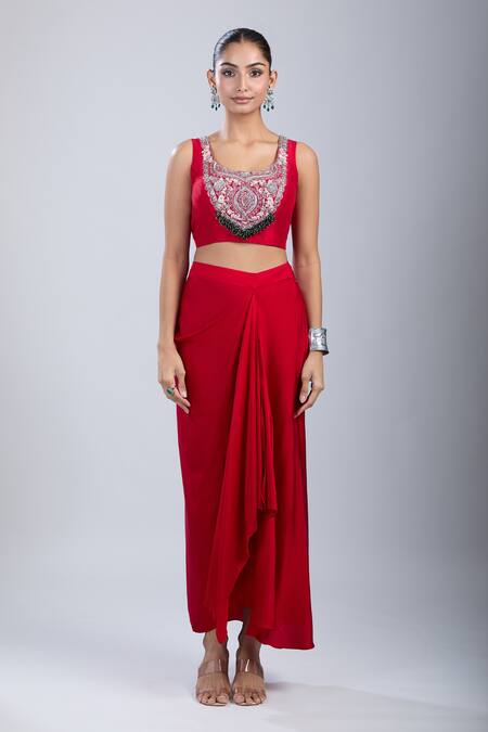 Buy_Prisho_Red Sequins, Embroidery Round , Open Cape Skirt Set _Online_at_Aza_Fashions