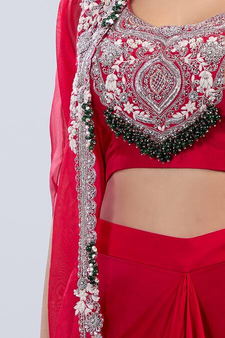 Shop_Prisho_Red Sequins, Embroidery Round , Open Cape Skirt Set _Online_at_Aza_Fashions