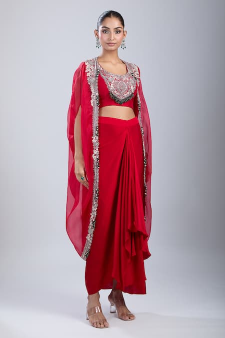 Prisho_Red Sequins, Embroidery Round , Open Cape Skirt Set _at_Aza_Fashions