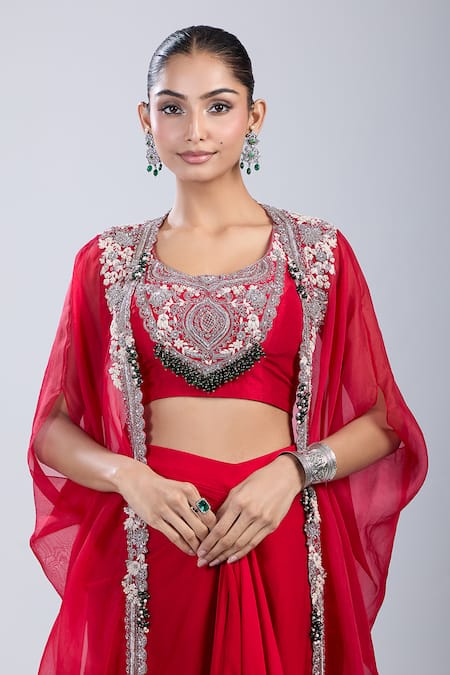 Shop_Prisho_Red Sequins, Embroidery Round , Open Cape Skirt Set 